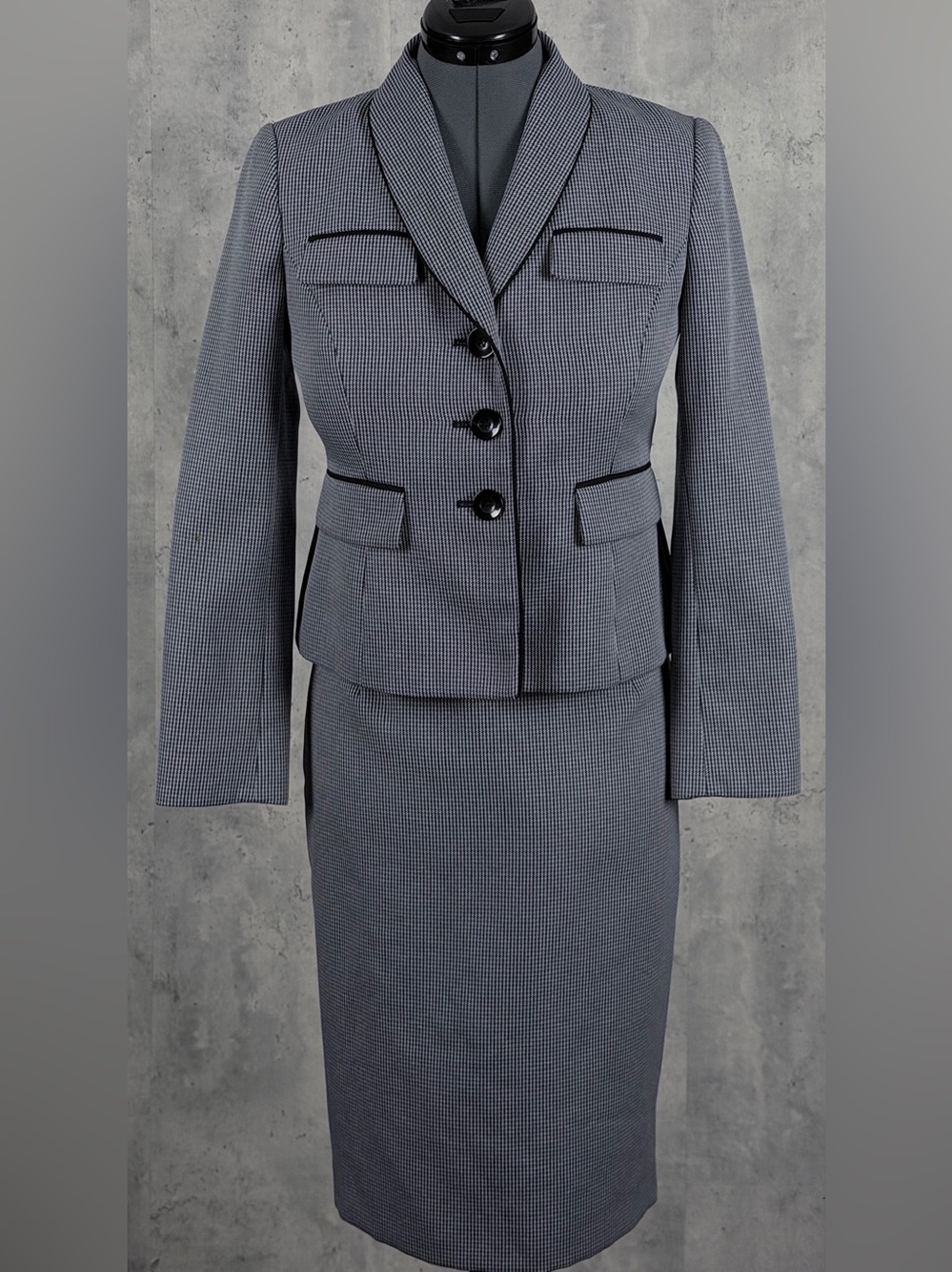 Kasper Petite 2P Houndstooth Skirt Suit Set Grey Black Framed Blazer Pencil 2pc